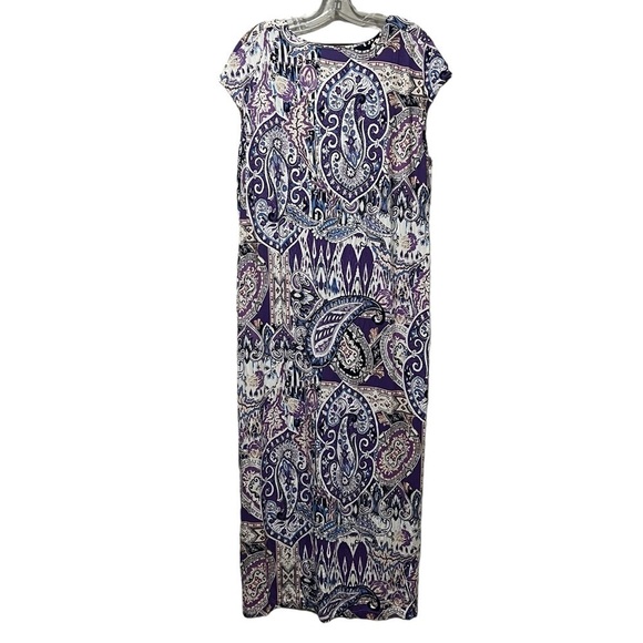 Chico’s XLP Purple Blue Paisley Floral Maxi Cap Sleeve Dress 3P P2 - Picture 2 of 6